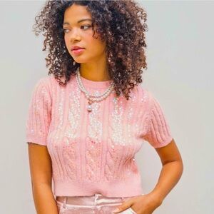 ROUND NECKLINE SOLID SEQUIN KNITTED SHORT SLEEVE CROP TOP